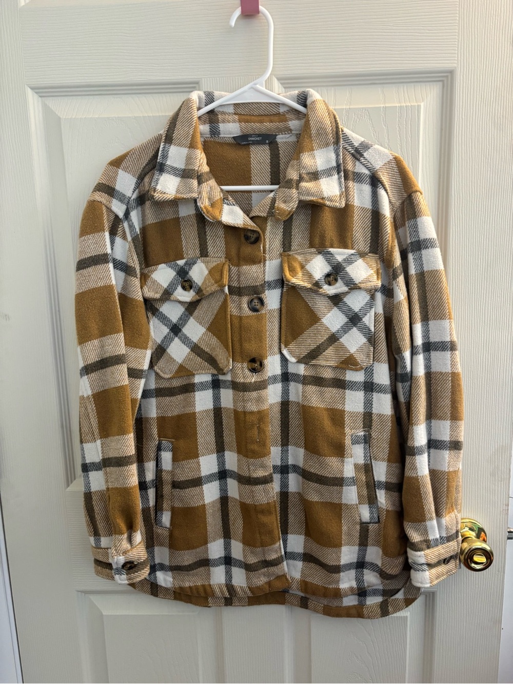Womens Plaid Shacket Jacket in Mustard and White